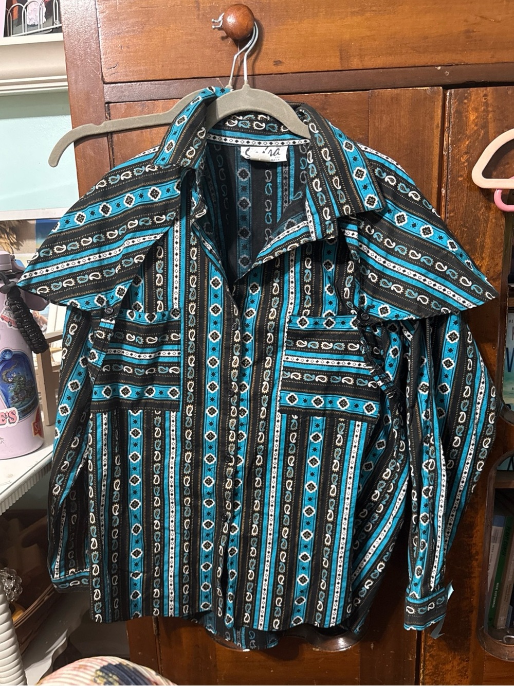 VTG 80s Sassa Western Shirt Black Aztec Geometric USA Made Ladies Lg Rodeo